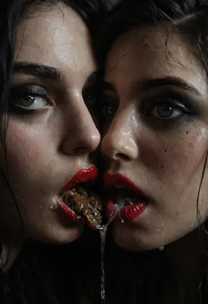 ((ultimate realism)), close up, two raunchy junkie goth milfs shit kissing, dark goth makeup, red lips, swapping lots of soft shit to each other, shitswap, soft shit dripping, drool, saliva, head view only, sexy eyes, supermodel sluts, cinematic masterpiece, <lora:dark:.8>, dramatic picture with only glimpses of light