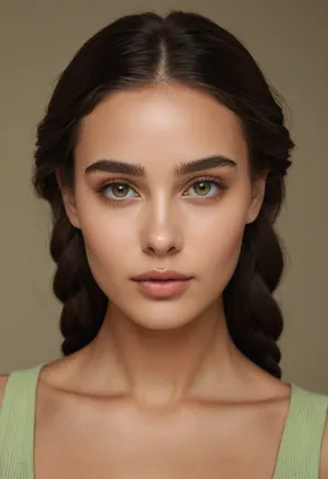 The young woman has a delicate, symmetrical face with soft, feminine features. Her eyes are large, almond-shaped, and strikingly expressive, with a bright light green or hazel color that draws immediate attention. Her eyebrows are naturally thick, well-shaped, and slightly arched, framing her eyes beautifully.

She has a straight, narrow nose that complements the overall balance of her face. Her lips are full and well-defined, with a natural pink tone, giving her a youthful, fresh look. Her cheekbones are high and subtly pronounced, adding an elegant contour to her face.

Her skin tone is clear, smooth, and fair, with a slightly warm undertone. She wears her dark brown, almost black hair in a loose side braid, with a middle part, allowing soft strands to frame her face naturally. Her overall expression appears calm, natural, and slightly ethereal.

She has a slim neck and shoulders, visible due to her sleeveless green top, enhancing her delicate and graceful appearance.