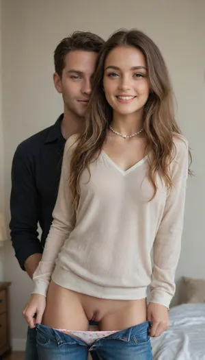19 yo American girl, cute, skinny, slender, not so tall, ((light brown wavy long hair with extensive highlights)), large sad eyes, petite, upturned nose, red nose tip, nice full lips, (reddish tan:1.4), she is smiling and happy, perfect teeth, (blush), She has a casual and friendly demeanor, and happy expression, ., she has a happy expression, (she is wearing a shirt . Her boyfriend is standing behind her kissing her neck and feeling her body from behind her back. Her jeans and panties are pulled down to just enough to reveal her hairy vagina), Her vagina is the center of the image, and, (((she is facing forward))), .she is in her bedroom. She is slim . The man’s eyes are closed . He is wearing pajama pants and a sweater. He has short hair, She has a very long pearl necklace, prominent circular earrings, slender figure detailxl

long, hair, dynamic, <lora:verylonghairv2:.8>, i