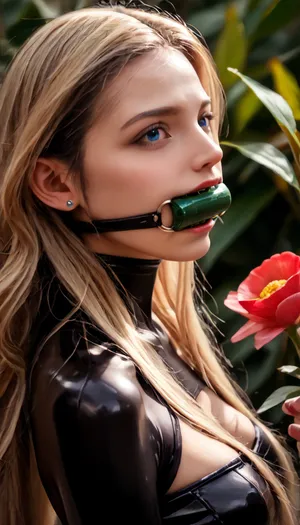 A beautiful girl with very long blonde hair with brown lowlights, blue eyes, and tanned skin wearing a short skin tight dress holding hyperrealistic flowers from the side. She has a perfect body, photo realistic. Shes standing caring and loving and skinny. Her lips are stretched around a red bit gag, (bit gag:1.5), She looks like a person in real life with a matte photo effect, subtle use of shadows, and a pale color palette. This is a realistic, hyper-detailed portrait created using realistic art techniques, resulting in a photorealistic slim thick full body. Realistic, 4K profile picture with woman standing showing off body from the side. Very realistic so no one can tell it’s not a real life picture taken. Real enough to look like human on earth. Holding beautiful flowers, showing off real life thick bottom from the side., strapless, tube, bodycon, ball, gag, spider, bit, ring, <lora:Plain_tube_dress:.8>, <lora:EnvyZoomSliderXL01:1.8>, <lora:gagged-4e:.8>