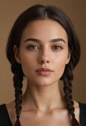 ealistic woman, portrait, very real photoshoot, young woman has a delicate, symmetrical face with soft, feminine features. Her eyes are large, almond-shaped, and strikingly expressive, with a bright light green or hazel color that draws immediate attention. Her eyebrows are naturally thick, well-shaped, and slightly arched, framing her eyes beautifully, She has a straight, narrow nose that complements the overall balance of her face. Her lips are full and well-defined, with a natural pink tone, giving her a youthful, fresh look. Her cheekbones are high and subtly pronounced, adding an elegant contour to her face, Her skin tone is clear, smooth, and fair, with a slightly warm undertone. She wears her dark brown, almost black hair in a loose side braid, with a middle part, allowing soft strands to frame her face naturally. Her overall expression appears calm, natural, and slightly ethereal, She has a slim neck and shoulders, enhancing her delicate and graceful appearance, short haircut, big lips, very sweet face, back view with face looking on me, cute view realistic and detailed, skinny butt, small ass, fit, small waist, skinny body, 18 years old, small tits, small boobs, butt, bdsm, fetish, kinky, kink girl, very skinny body, sweat, sweat body, sweet girl