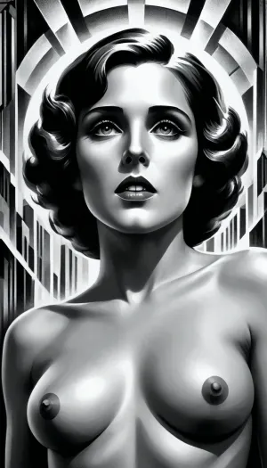 mad-ropolis-poster, black, and, white, expressionist, art, deco, <lora:Metropolis_Movie_Poster_Style_SDXL:.8>, nude busty woman