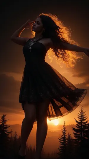 masterpiece, best quality, ultra high res, beautiful, visually stunning, elegant, incredible details, w0rld, 1girl, (black background:1.2), simple background, dynamic pose, sunset, forest, trees, scenery, <lora:w0rld - World Inside Body:.5>