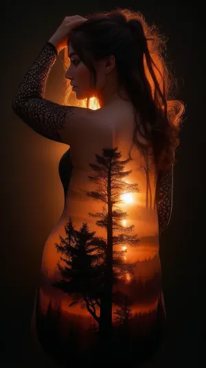 masterpiece, best quality, ultra high res, beautiful, visually stunning, elegant, incredible details, w0rld, 1girl, (black background:1.2), simple background, dynamic pose, sunset, forest, trees, scenery, <lora:w0rld - World Inside Body:.5>