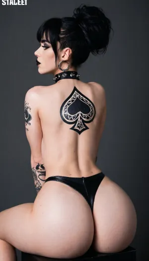 1girl, gothic, goth, pale skin, (pale skin), dark black eyes, (black hair), bangs hair, black eyeliner, (black lipstick), white skin, black choker, navel piercing, pierced nippleThong, large ass, shocked, splitsrear view, undress, high heels, massive breasts, massive ass, thick thighs, oiled body, wet skin, perfect figure, simple dark background, wide hips, curvy, snatched waist, tattoos queen of spades on ass, bad woman, many piercings, spiky choker, fishet sleeves, high waist thong, sitting