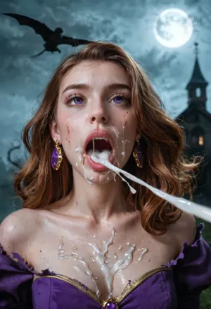 ((ultimate realism)), extreme close-up on three big zombie monster cocks ejaculating brownish cum into the mouth of petite slim Daphne Blake, cute, innocent, gorgeous, desirable, pleasing, goddess, intense painful moaning, torn purple stretch outfit, painful, forceful, in a dark haunted mansion at night, moon in sky, fog, eerie atmosphere