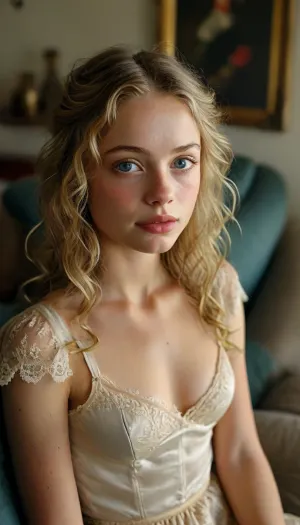 The subject depicted is a young woman with shoulder-length blond hair falling in soft waves. Her skin is fair and tanned. She has blue eyes, a straight nose, and full lips, revealing a neutral expression, neither smiling nor frowning. Her facial expression is rather calm and thoughtful. She is slender and sits relaxed but with an upright posture on a sofa.

She wears black stockings with lace trim at the top, gold high heels, and a short black skirt, also with black lace underwear underneath. Her clothing is simple but elegant. There are no other accessories visible., <lora:MJ52:.8>, bikini, underwear, Lace, <lora:Bikini_02_lora:.8>