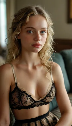 The subject depicted is a young woman with shoulder-length blond hair falling in soft waves. Her skin is fair and tanned. She has blue eyes, a straight nose, and full lips, revealing a neutral expression, neither smiling nor frowning. Her facial expression is rather calm and thoughtful. She is slender and sits relaxed but with an upright posture on a sofa.

She wears black stockings with lace trim at the top, gold high heels, and a short black skirt, also with black lace underwear underneath. Her clothing is simple but elegant. There are no other accessories visible., <lora:MJ52:.8>, bikini, underwear, Lace, <lora:Bikini_02_lora:.8>
