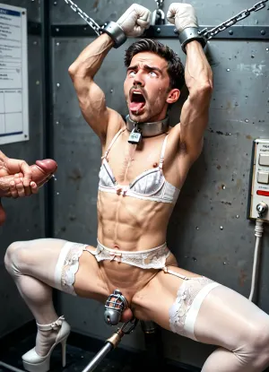 cold, dark, metal walls, metal doors, metal bars, 55 years old, gay men, black short haircut, wearing glasses, (black hair short hair), gay men hairy chest guy, xcross, from, front, behind, metal, padded, tied, sexmachine, restrained, bound, bdsm, anal, asshole, object, insertion, outstretched, arms, gay men with both hands above head straighten and tied on xcross metal board, dildo, sex, machine, sex-machine, squirting, peeing, masturbation, Stocks, Pose, Cuffs, on, Ankles, and, Wrists, 1gay men, spread, legs, cum, in, stationary, restraints, lingerie garter belt straps, satin ruffle gloves, open mouth, gay men wearing white high heels fetish platform stiletto shoes, suspended from the ceiling by chains, handcuffed wrists and ankles, legs spread wide in a forced split, pain and angry on his face, gay men wearing white nylon shiny stockings, reveal his cock in a large metal chastity cage, ashamed, humiliated, wearing metal collar with padlock, penis locked in chastity metal cage device, pain on his face, screaming, bondage, mechanism, gay sissy boy wearing white nylon shiny stockings, ((wearing satin white bra)), ((large white satin push bra)), short black hair, submissive, black short hair, wide opened mouth, tongue out, ahegao, shiny brown double band stockings, white satin gloves, tears, crying, chains, chained belt, tied hands behind back, handcuffs, orgasm, ropes, slave, mouth gag, bulged, (Flat chest:1.5), (small butt:1.5), fucking machine, both legs tied and suspended in air behind his back in metal shackles, Testicle Chastity Strap Cage Sex Furniture, exposed Testicle on view, exposed Testicle stretched and pushed out up for view, daylight, wide hips, detailed background, ass, multiple men with super gigantic penis going into his asshole, big penis inside his ass, fucked doggy style, sucking dick, gang bang, metal collar with name tag, spit-roast, gang-ban, blowjob, throat fuck, deep-throat, throat bulge, anal sex, fucking in the ass by a muscular man while another man gives blowjob, creampie, cum in mouth, cum shot, swallowing cum, dildo device also in mouth, mouth stretched wide to fit massive dildo fucking machine device, muscular man with gigantic penis is fucking the gay men in the ass, fucking asshole, ((thick saliva threads on mouth and dildo)), legs tied, outstretched in the split position, legs large spreed in the split position, legs restrain with fixed stationary metal restrains, legs restrained with metal ankle cuffs above head to metal board, ball, gag, his cock in chastity metal device, wearing red patent high heels platform fetish shoes, wearing full lace white garter belt, garter belt straps, garter belt garter straps, wearing garter belt straps, large garter straps, wide garter straps