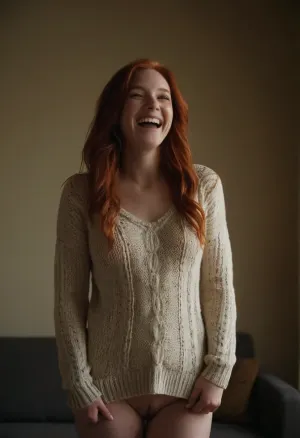 A young, pretty 30-year-old girl, red-haired, laughing, a slender figure with small breasts, without underwear, bototomless, in one long knitted sweater bounces high, from which the sweater lifts and her pussy is visible, full body view
