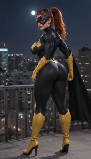 red hair, high ponytail, batgirl mask, masked face, sexy, big tits, big ass, full batman armor, skinny, slim, athletic, muscles, strong, fit, muscular, tight fitting batgirl armor, bimbo, huge tits, huge ass, standing on a rooftop, night, cityscape in background, portrait shot, front view, full body in picture, muscle_bimbo, <lora:Muscle_Bimbo_SDXL:.8>, extra busty, huge boobs, huge butt, big boobs, superhero pose, large, breasts, boobs, tits, <lora:bombshell_v2:.8>, bottomheavy, big, ass, huge, gigantic, thick, thighs, massive, <lora:bottomheavy_v1_sdxl_tags:.8>, massive tits, huge giant round tits, batman armor, batgirl armor, Batman, Beyond, <lora:Batman Beyond:.8>, detailxl