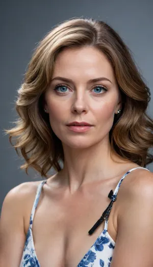 A photorealistic image, depicting a close-up portrait of a woman in her late 50s with wavy, shoulder-length light brown hair. She has fair skin, beautiful blue eyes, and full, slightly glossy lips. Her expression is direct, looking at the viewer with a subtle, perhaps slightly seductive, gaze. She appears to be a fuller-figured woman, wearing a white dress with a blue floral pattern that reveals a noticeable cleavage. A silver bracelet is visible on her left wrist, and the strap of a black purse is draped over her left shoulder. The background is a stark, solid black, which emphasizes the subject. The lighting is soft and even, illuminating her features without harsh shadows. The overall mood is intimate and focused on the woman's face and expression