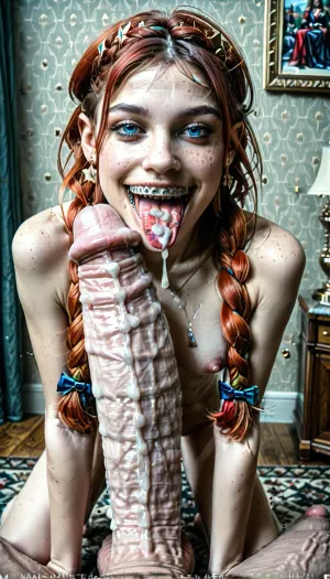 Short 18 year old young woman, pale skin, skinny, natural red hair, braids, (slim face), thin chin, freckles, smile, braces, best quality, photorealism, masterpiece, blue eyes, (on her knees), (perky boobs:1), (licking cock:1), (cum on tongue:1.4), (giant cock:1.6), smooth pussy, smooth sexy smile, <lora:ahxl_v1:1>, <lora:braces-sdxl:1>