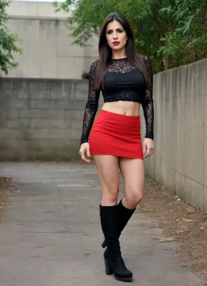 brunette 42 years old, black long straight hair, pakistani, bengali, microskirt, tight top, tight knee platform boots, big hazel eyes, small breast, flat breast, red lipstick, black eyeshadow