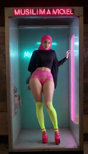 (18yo girl stuck in a display case of a vending machine:1.1), (she is wearing a hijab), (muslim girl), (reaching through round hole inside glass box), (neon sign that reads "Muslima Molest":1.5), (slot for payment:1.2), (stuck in a hole in a glass box:1.2), (stuck with upper body in a round metal opening:1.1), (upper body blurred behind dirty glass:1.3), (glorywall), (straight legs:1.2), (locked in), (round metal clamp around her waist), (thick metal ring separating her lower body from her upper body:1.3), (blue neon light inside glass case:1.1), (standing with wide spread legs), (pink nylon thigh high stockings and plateau platform high heels), (gaping asshole), (upper body disappearing into a round metal hatch in the glass), (head behind textured glass:1.1), (line of vending machines), (pedestrians), (filthy street), (vending machine), (glass cabinet on a public street), (bustling public street:1.1), (outside), (sweaty), passersby, GapingAssholesAllFourQuiron, pose, all, fours, from, spread, ass, distortions, behind, the, glass, a, <lora:274730_training_data:1.8>, <lora:SDXL1.0_quiron_GapingAssholesAllFour_v5.1p_Lora:.6>, <lora:SDXL_Glass_Sa_May_V1:.8>, ac_neg1, text, as, "", style_brush, style_bebas, <lora:textxl:.8>