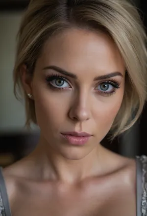 (masterpiece:1.2), (best quality:1.2), (award-winning:1.1), (BDSM aesthetic, fetish aesthetic, dominatrix:1.4), (dominant woman, strong features:1.5), (sense of intimacy:1.4), (breathtaking woman's face, perfect sharp focus on eyes:1.5), (seductive expression:1.3), (intricate eye details:1.6), (pale grey eyes, captivating eyes:1.6), (long delicate eyelashes:1.5), (perfectly applied eyeliner:1.4), (voluminous short cut hair, ash blonde hair with dark highlights, stylish textured hair cut, loose strands of hair, swept back hairstyle:1.4), (shallow depth of field:1.6), (softly blurred background:1.3), professional color grading, (natural skin texture:1.6), (realistic skin details:1.5), subtle skin imperfections, (intricately detailed hair:1.5), (expressive detailed eyes:1.6), (visible limbal ring:1.5), (detailed iris texture:1.5), (natural hair texture:1.4), (realistic eye texture:1.5), subtle vellus hairs, (strict corset:1.5), ziprealism