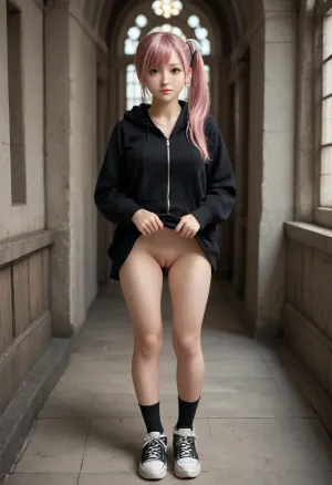 masterpiece, best quality, ultra-detailed, Photo-realistic, hyper-realism, front view, (full body shot), 8K wallpaper, perfect face, perfect anatomy, perfect feet, grayish-pink hair, (side-ponytail), very cute round face, blush, (Japanese woman standing with wide stance), (skirt lift), presenting pussy, zipper hoodie, Jewelry Layered necklace, black lace-stockings, shoes, pale_skin, thick body, chubby, huge breasts, perfect pussy, (dripping white_sticky pussy-juice from pussy:1.2), very wet_pussy, wet inner thighs, (big flushed pussy), earrings, thin necklace, jewelry rings, (in the cathedral), score_9, score_8_up, score_7_up, source_real