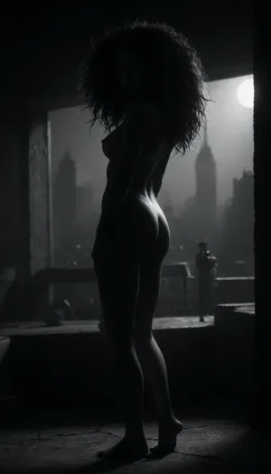 (masterpiece, best quality, photorealistic), (black and white only:2), (dramatic muted lighting:1.5), (realistic shading:1.5), a nude woman standing barefoot on the rooftop edge of an abandoned city building, arms relaxed loosely at her sides, posture upright and calm, her body illuminated softly by muted overhead light, messy hair drifting in the soft night breeze, her expression unreadable yet commanding, powerful slim figure standing alone against the blurred infinite cityscape, background fading into sacred blackness, atmosphere silent, breathless, sacred., <lora:ral-chrosc-bw:1.2>, <lora:dark:.5>