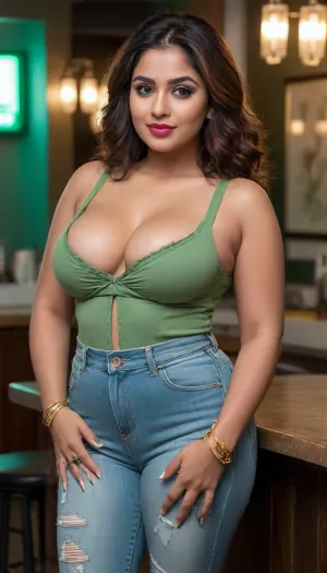 A stunning 34-year-old Desi Kerala MILF wife, (brown skin:1.2), (big rounded face, large expressive eyes, soft rounded nose:1.3), (thick hourglass figure:1.4), with, (voluminous 36C breasts, deep cleavage spilling from tight green camisole:1.5), (28-inch waist, 37-inch hips:1.3), wearing an, (ultra-low-rise hip-hugging scrapped green pencil jeans:1.6), that cut provocatively below her navel, exposing her hip bones and clinging to her curvaceous thighs and round buttocks. The jeans are, (distressed with frayed hems and tight tapering at the ankles:1.4), . She pairs it with a, (denim jacket casually draped off one shoulder:1.2), and traditional Kerala gold jewelry—, (jhumkas, stacked bangles, and a minimalist nosering:1.3), .

She leans flirtatiously against a neon-lit nightclub bar counter, (hands gripping her waistband or resting on her hips:1.4), (back slightly arched to emphasize her buttocks:1.3), . The club ambiance features, (moody blue and pink neon lights reflecting off her skin:1.2), (a faint haze of cigarette smoke in the background:1.1), ., (8K resolution, ultra-realistic skin texture, detailed fabric folds showing the strain of the tight jeans:1.4), . Desi erotic mood, (confident smirk, smoldering gaze:1.3), . Avoid cartoonish proportions, exaggerated anatomy, or unrealistic lighting