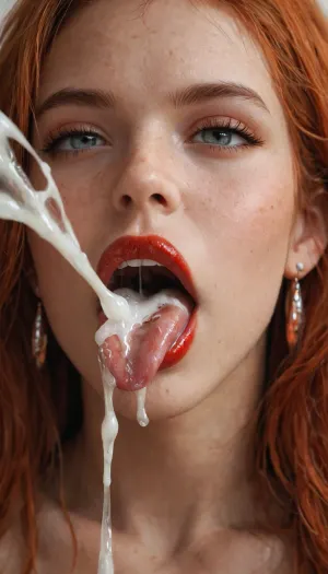 40yo redhead, close-up of an open mouth, red lipstick, perfect makeup, big dick resting on tongue, cum bursting out of dick, tongue sticking out, oral cumshot, exploding cumshot, projectile cum, cum on tongue, view from up, naked massive tits