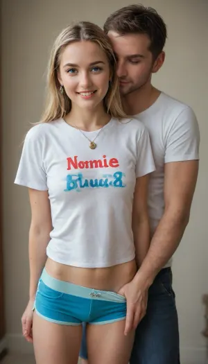 19 yo, ((Norwegian girl)), and, ((her boyfriend)), cute, slender, not so tall., The face has a soft, oval shape with smooth, youthful skin and delicate features. The long hair is thick, and wavy, tussled, with very light, almost platinum blonde strands near the front that blend into a warmer golden blonde toward the ends. It is loosely pulled back behind the ears, with a few free strands framing the face naturally. The eyes are light green or hazel, almond-shaped, and bright, framed by medium-thick, slightly arched eyebrows that are darker than the hair. The nose is straight and slender, with a soft bridge and a gently rounded tip. The mouth features full, softly curved lips in a natural pink tone, shaped into a relaxed, closed-lip smile that conveys friendliness and warmth. The skin tone is fair and radiant, with a natural rosy flush across the cheeks and nose, giving a fresh, clean appearance. Small blue gemstone stud earrings and a delicate necklace with a cursive name pendant add subtle detail. The expression is happy, warm, inviting, and playful, with the head tilted slightly to one side for an approachable and relaxed look., Best quality, in her luxury apartment.
She has perfect teeth, slender figure. happy expression, ((she is wearing a T-shirt and shorts)), . Her panties are the center of the image, and she is facing forward. A tall man is behind the girl, standing very close. He is grabbing her hips. Her hair is up in a bun., (((Her shorts are pulled down. She is wearing panties))), . The man’s expression is sexually aroused. He is wearing pajama pants and a sweater. His face is visible and he is kissing her ear. He has short hair.