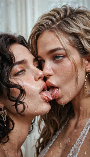 <lora:Full:.8>, big thick puffy lips, lesbian kissing, kissing with tongue