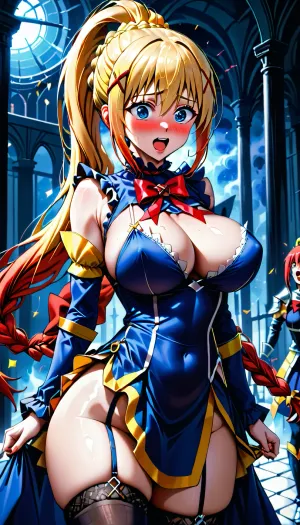 best quality, highres, 1girl, long hair, blonde hair, x red hair ornament, blue eyes, ponytail, hair ornament, braid, darkness \, (konosuba\), large breasts, (excited:1.2), blush, open mouth, <lora:darkness (konosuba)_v1:.6>