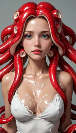 (woman with a octopus head:1.4), oiled body, lubed body, cum on body, milk squirting titts, half octopus half woman, octopus face on woman, octopus face, bodyparts of octopus, female octopus, tentacle arms, tentacle legs, tentacle hair, woman arms made of tentacles