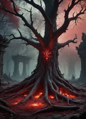 fantasy apocalypse, dark dystopian world, ruined ancient city overgrown with roots and crystals, blood-red sky with ominous black clouds, glowing magical runes on cracked ground, group of survivors in tattered cloaks and bone armor, shadowy creatures and mutated beasts roaming the ruins, massive otherworldly portal leaking dark energy, ethereal ghosts floating in the air, dark forest with bone-like trees and glowing veins, cinematic lighting, high detail, dark fantasy aesthetic, death symbolism, contrast of light and shadow