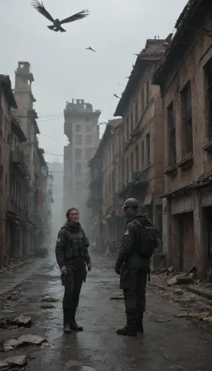 exclusion zone, post apocalypse, a poor bunker with a broken roof where you can see the sky and birds, old damp cracked concrete, wanderer, stalker, wandering, exploring the world and empty surroundings, she has a weapon of the future for protection, she is on guard, enemies are hiding in ambush