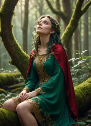 1girl, dryad, long emerald-green hair adorned with small leaves and flowers, amber glowing eyes, pale glowing skin, sitting high on a thick tree branch 5 meters above the ground, wearing an ivy-woven dress made of natural vines and leaves, looking down at a prince below, cinematic composition, fantasy forest, dense canopy with soft sunbeams filtering through, 1boy, prince hunter, short tousled brown hair, warm brown eyes, green tunic with gold embroidery, red cape with golden crest brooch, standing firmly on the mossy forest floor, looking up in awe at the dryad, highly detailed, ethereal atmosphere, magical mood, vibrant, dream, pale, reality, <lora:vibrant_dream:.8>