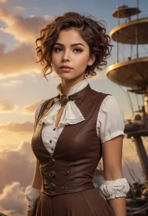 woman, Steampunk, 18 year old, mulatto, best quality, ultra-detailed, masterpiece, finely detail, high res, 8k wallpaper, cute tall tall face, tanned skin, pixie cut hair, messy hair, vintage airships and plane on background, sunset sky and golden clouds background, jg-jc0n, ValentinaNappi, brown, eyes, hair, <lora:432660_training_data:1.3>