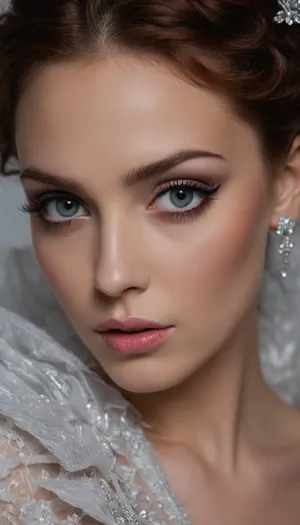 (masterpiece:1.2), (best quality:1.2), (award-winning:1.1), (high fashion aesthetic, avant-garde fashion photoshoot:1.4), (focus on eyes, intricate clothing, elegant gown, magazine model:1.8), (confident woman, strong features, poise, elegance:1.5), (sense of intimacy:1.4), (intricate eye details:1.6), (icy eyes, Fae eyes, captivating eyes:1.6), (long delicate eyelashes:1.5), (smokey makeup, intense makeup:1.4), (long voluminous wavy hair, deep auburn hair with dark highlights, intricate and sophisticated hair style:1.4), (shallow depth of field:1.6), (softly blurred background:1.3), (natural skin texture:1.6), (realistic skin details:1.5), subtle skin imperfections, (intricately detailed hair:1.5), (expressive detailed eyes:1.6), (visible limbal ring:1.5), (detailed iris texture:1.5), (natural hair texture:1.4), (realistic eye texture:1.5), subtle vellus hairs, ziprealism