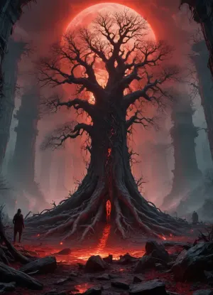 fantasy apocalypse, dark dystopian world, ruined ancient city overgrown with roots and crystals, blood-red sky with ominous black clouds, glowing magical runes on cracked ground, group of survivors in tattered cloaks and bone armor, shadowy creatures and mutated beasts roaming the ruins, massive otherworldly portal leaking dark energy, ethereal ghosts floating in the air, dark forest with bone-like trees and glowing veins, cinematic lighting, high detail, dark fantasy aesthetic, death symbolism, contrast of light and shadow