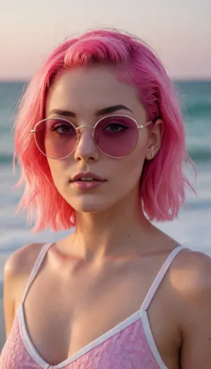 s1990's beach babe with stylish neon pink hair cut in textured waves, flirty, playful, sunglasses, vaporwave sunset color theme, ziprealism, perfecteyes, sunnyrayyxo