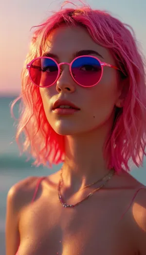 s1990's beach babe with stylish neon pink hair cut in textured waves, flirty, playful, sunglasses, vaporwave sunset color theme, ziprealism, perfecteyes, sunnyrayyxo, <lora:MJ52:.8>