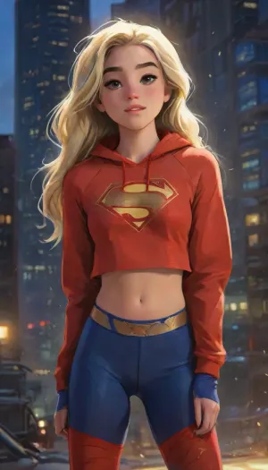 (masterpiece, best quality, absurdres), 1girl, solo, cowboy shot, happy emotion, cute smile, long platinum blonde hair, bright glowing green eyes, beautiful mature age 26 supermodel female, looking at viewer, hands on hips, glowing, (wearing a intricate Supergirl design red blue gold cropped gym style hoodie with sports tracksorts and thigh high socks with converse sneakers outfit:1.5), muscular body, athletic body, voluptuous body, skinny body, thin body, hourglass body, thick body, washboard abs, outdoors, hovering above a Futuristic Cyberpunk Metropolis City The Daily Planet Building below, night, flying pose above the rooftop, highlydetailedbody, realisticface, highlydetailedhair, insanelydetailed, 8K.highdetailedskin, highresolution, perfectfingers, (j_cartoon:1.5), Drawing., DCEU, Supergirl, rha3, woman, targaryan, <lora:rhaenyra young - rha3 woman sdxl:1>, <lora:Supergirl:.5>, <lora:samdoesarts1.1-000030:.4>, <lora:J_cartoon:.3>, <lora:Animated_Concept:.4>