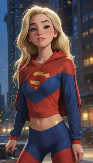 (masterpiece, best quality, absurdres), 1girl, solo, cowboy shot, happy emotion, cute smile, long platinum blonde hair, bright glowing green eyes, beautiful mature age 26 supermodel female, looking at viewer, hands on hips, glowing, (wearing a intricate Supergirl design red blue gold cropped gym style hoodie with sports tracksorts and thigh high socks with converse sneakers outfit:1.5), muscular body, athletic body, voluptuous body, skinny body, thin body, hourglass body, thick body, washboard abs, outdoors, hovering above a Futuristic Cyberpunk Metropolis City The Daily Planet Building below, night, (moon floating pose:1), highlydetailedbody, realisticface, highlydetailedhair, insanelydetailed, 8K.highdetailedskin, highresolution, perfectfingers, (j_cartoon:1.5), Drawing., DCEU, Supergirl, rha3, woman, targaryan, <lora:rhaenyra young - rha3 woman sdxl:1>, <lora:Supergirl:.2>, <lora:samdoesarts1.1-000030:.4>, <lora:J_cartoon:.3>, <lora:Animated_Concept:.4>