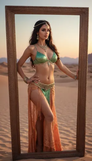 a hot slender moroccan bellydancer in the desert seers her reflection in a mirror, dramatic sunset with long shadows, ((a detailed photo, a photorealistic photo, realistic pretty women photo, realistic night vision, realistic soft fokus, realistic overexposure, realistic parallax, realistic 3 d style))