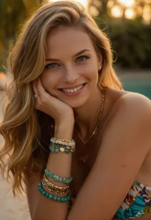 (close-up:1.2), of, (beautiful young woman:1.3), (long, flowing, sun-kissed blonde hair:1.2), (radiant smile:1.4), revealing, (pearly white teeth:1.3), (captivating blue-green eyes:1.3), with, (long eyelashes:1.2), (delicate facial features:1.2), (smooth, flawless skin:1.3), wearing a, (vibrant patterned bikini top:1.2), (intricate details:1.1), adorned with, (multiple bohemian-style bracelets:1.3), on her, (slender right wrist:1.2), including a, (wide gold cuff:1.2), and a, (colorful beaded orange bracelet:1.2), also wearing a, (chunky white shell necklace:1.2), (delicate gold chain bracelet:1.2), (graceful left ankle:1.2), her, (left hand:1.2), is, (gently resting on her cheek:1.3), (elbow:1.2), (propped on her knee:1.3), (softly blurred background:1.1), suggesting a, (bright, sunny outdoor setting:1.2), near a, (sparkling turquoise pool:1.3), (light-colored stone or tile:1.2), the, (lighting is soft and natural:1.3), (highlighting her features:1.3), and the, (textures of her jewelry:1.2), (overall mood is joyful, relaxed, and summery:1.4), (candid shot:1.2), (natural pose:1.2), (high-resolution:1.3), (sharp focus:1.3), (professional photography:1.2), (cinematic lighting:1.2), (8k:1.3), (ultra-detailed:1.3), (masterpiece:1.4), (best quality:1.4), (intricate details:1.3), (vibrant colors:1.3), (dynamic composition:1.2), (shallow depth of field:1.2), (bokeh:1.2), (golden hour lighting:1.2), (tropical atmosphere:1.2), (warm tones:1.2), (natural skin texture:1.3), (realistic:1.3), (hyperrealistic:1.3), (photorealistic:1.3), (no artifacts:1.4), (no blur:1.4), (no distortion:1.4)