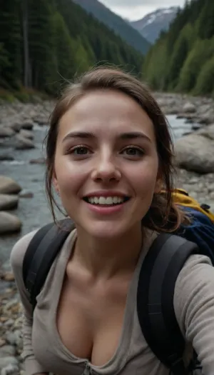 (Bukkake, breast out:1.2), ((selfie)), photo of, (hgr1ce-step-240:.99), smiling, outdoors, mountains, wearing a backpack, sweater, hiking jacket, rocks, river, wood, analog style, (look at viewer:1.2), (skin texture), close up, cinematic light, sidelighting, Fujiflim XT3, DSLR, 50mm, breastsout, cum, in, mouth, on, face, nose, (bukkake:1.1), facial, NOVTIA, <lora:breastsout24_rvkwi:.3>, <lora:CUM MASK:.3>
