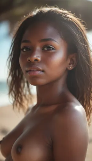 Cinematic style, Ultrorealistic Detailed 8k, masterpiece, best quality, highly detailed, strong rim light, available light, award-winning, professional photo of a Beautiful girl 18yo, (black skin color at the girl:1.9), very long hair, messy hair, very small breast, petite body, small body, young body, very skinny, thick legs, big round ass, detailed ass, detailed skin, pubic hair, wet, wet body, very wet body, drops, drops on at the body, realistic pussy, realistic vagina, Lies on his stomach with his ass up, rear view, from above, high angle, close-up, In nature, Landscape, Beach, shore, sea, waves, <lora:M05_Intensify:.8>
