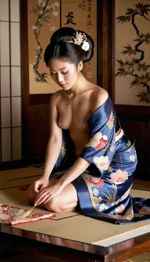 Japan, Meiji era, ((nude girl)), with traditional Japanese hairstyle, kneeling, An luxury silk kimono is spread out on a table in front of the girl, ((the girl is embroidering a traditional Japanese pattern on the kimono)), full body in frame, dark light, traditional Japanese room