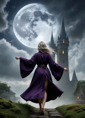 . A young witch rides a broomstick over a village at night, her steel-gray hair fluttering in the wind, her black silk robe barely covering her naked body, barefoot, her fingers slightly bent, as if feeling the cold of the sky, the broom leaves a trail of green sparks behind it, illuminating the low clouds that have almost dispersed. touch her hands, her back. A dark purple runic pattern shines on her neck, and her face, with its beautiful features and large eyes, is accentuated by the bluish moonlight filtering through the clouds in the dark. In the distance, the spire of an ancient tower rises into the sky, its masonry covered with moss and climbing ivy, and the top is lost in clouds.