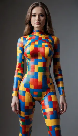A beautiful woman wearing a skin-tight full-body suit with a Lego brick pattern, she have a lego brick skin, she have a lego brick face, 3 d style