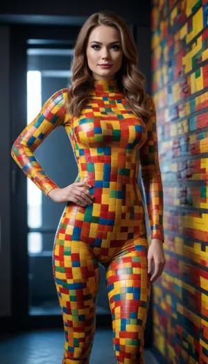 A beautiful woman wearing a skin-tight full-body suit with a Lego brick pattern
