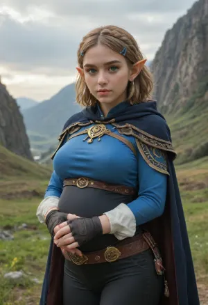 princess_zelda_aiwaifu, aiwaifu, pregnant, large breasts, pointy ears, braid, hair ornament, hairclip, gloves, fingerless gloves, blue shirt, shirt, long sleeves, crown braid, bangs, pants, black gloves, green eyes, parted bangs, black pants, short hair, long hair, cape, sidelocks, hood, thick eyebrows, jewelry, hooded cape, belt, tight pants, tight, puffy sleeves, masterpiece, best quality, ultra detailed, 8k, cinematic light, highly detailed, scenery, pose, solo, looking at viewer