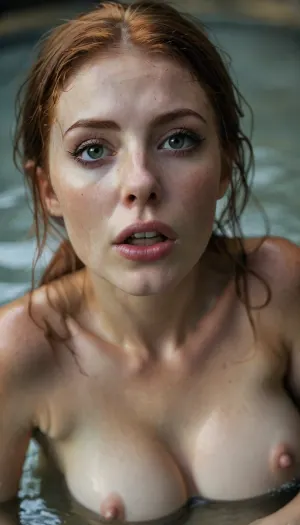 8K, UHD, hyper-realistic, masterpiece, saturated colors, hyper-detailed faces and eyes, low angle, full shot, full Body, macrolens 18 year old slim woman, (argentinian redhead woman), (woman sitting in shallow hot tub water wearing only a tiny black string bikini and a naked man is in the water with her between her open legs), (topless), (leaning back on man), (hot tub), (cock on her thigh), (cock on her belly), (squeezing breast), loud moaning, orgasm, very wet skin., (darkest night), (close view of face:1.2), (the woman is looking with amazement at the man's penis), (watching cock), (she is holding his cock in her hand), (looking up), perfecteyes, <lora:lora-sdxl-perfect-eyes:.5>, <lora:style_lora_realis:.7>