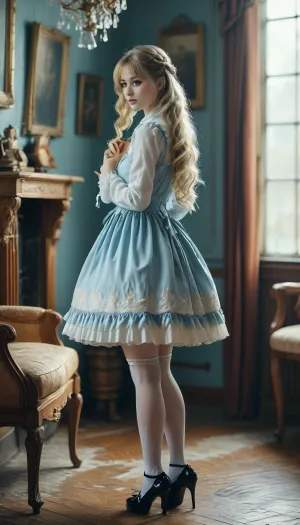 Uhd, 8k, full body in portrait, Woman, 18, blonde wavy long hair in a ponytail, white stockings, black maryjane heels, light blue microdress, rating explicit, sweetegl, sweetop, swe3tjsk, bl0use, <lora:add-detail-xl:1>, <lora:Randommaxx_nsfw_merge_v3_lora_fp16:1>, <lora:SweetLolitaXLv4.23:.9>, <lora:MJ52:.8>