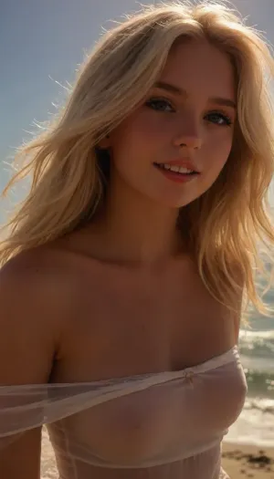 cowboy shot, (sharp focus, focus on eyes, perfect eyes), (playful pose, adorable girlfriend:1.4), (long sun-bleached blonde hair, loose strands of hair), (cute white sundress, transparent filmy sundress, off shoulder, nipple slip), (sunny beach, scenic beach beach), (god rays, hair glow lighting, cinematic lighting:1.4), (natural skin texture, natural hair detail), ziprealism, igbaddie, <lora:igbaddie-XL:.8>